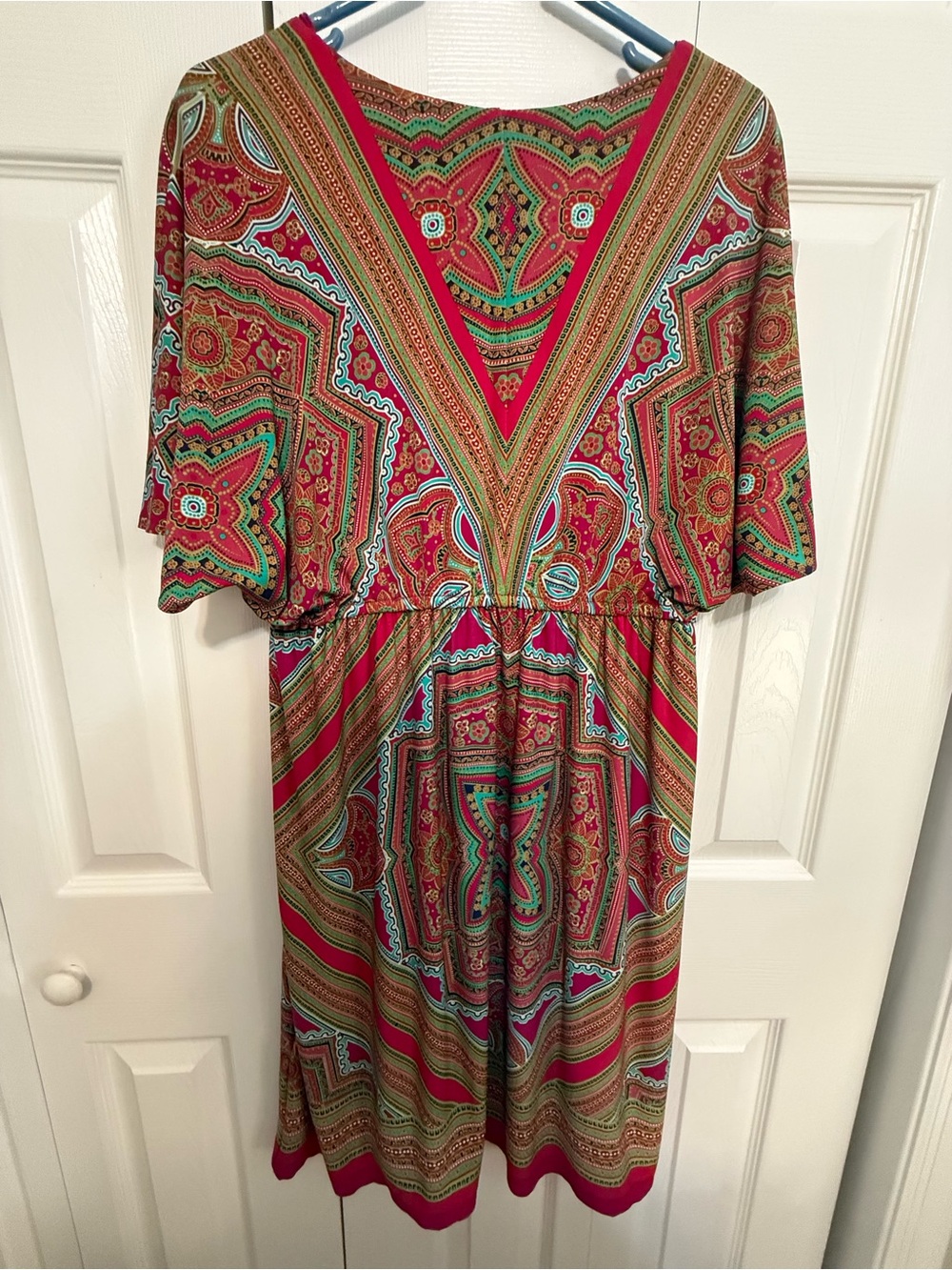 dressbarn Pink, Green and Gold Patterned V-Neck Midi Dress - Picture 2 of 3